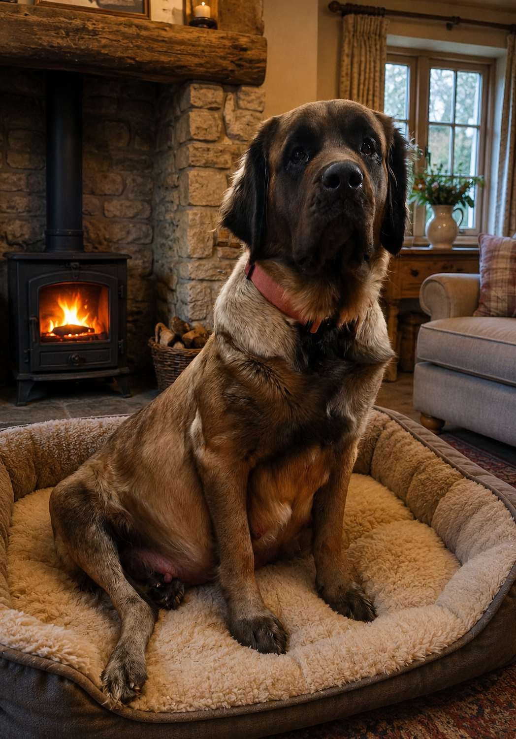 Lypsy, a fawn Mastiff with a pink collar, sitting on her bed in front of the cottage fireplace